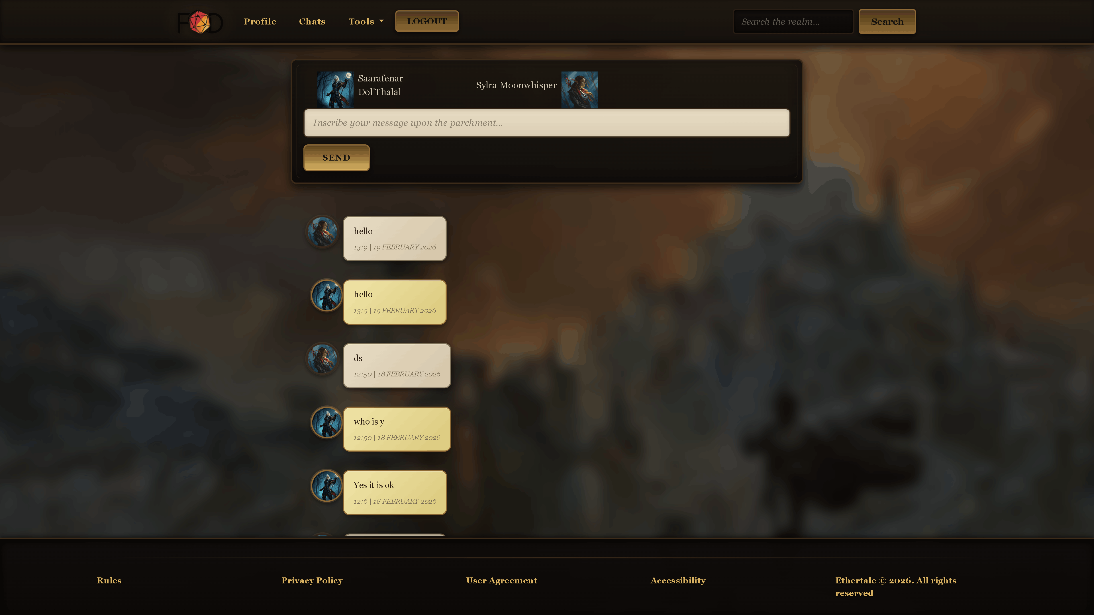(STILL UNFINISHED) The chat room consists of only two users, indicated at the top. The golden messages indicate the logged user. Chat history is sorted with the last message being on top. The chat rooms can be accessed only by the participants of the given chat room and no one else.