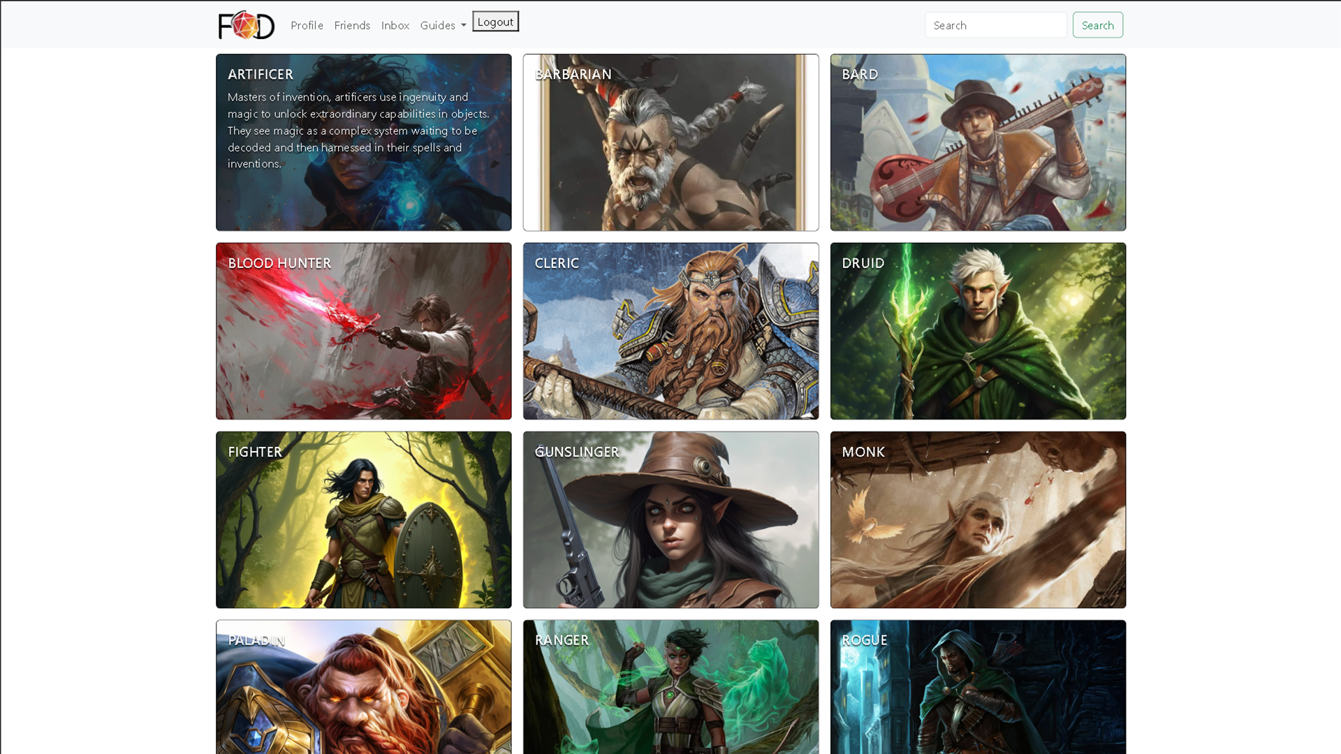 A guide page for each of the standard classes of Dungeons & Dragons.