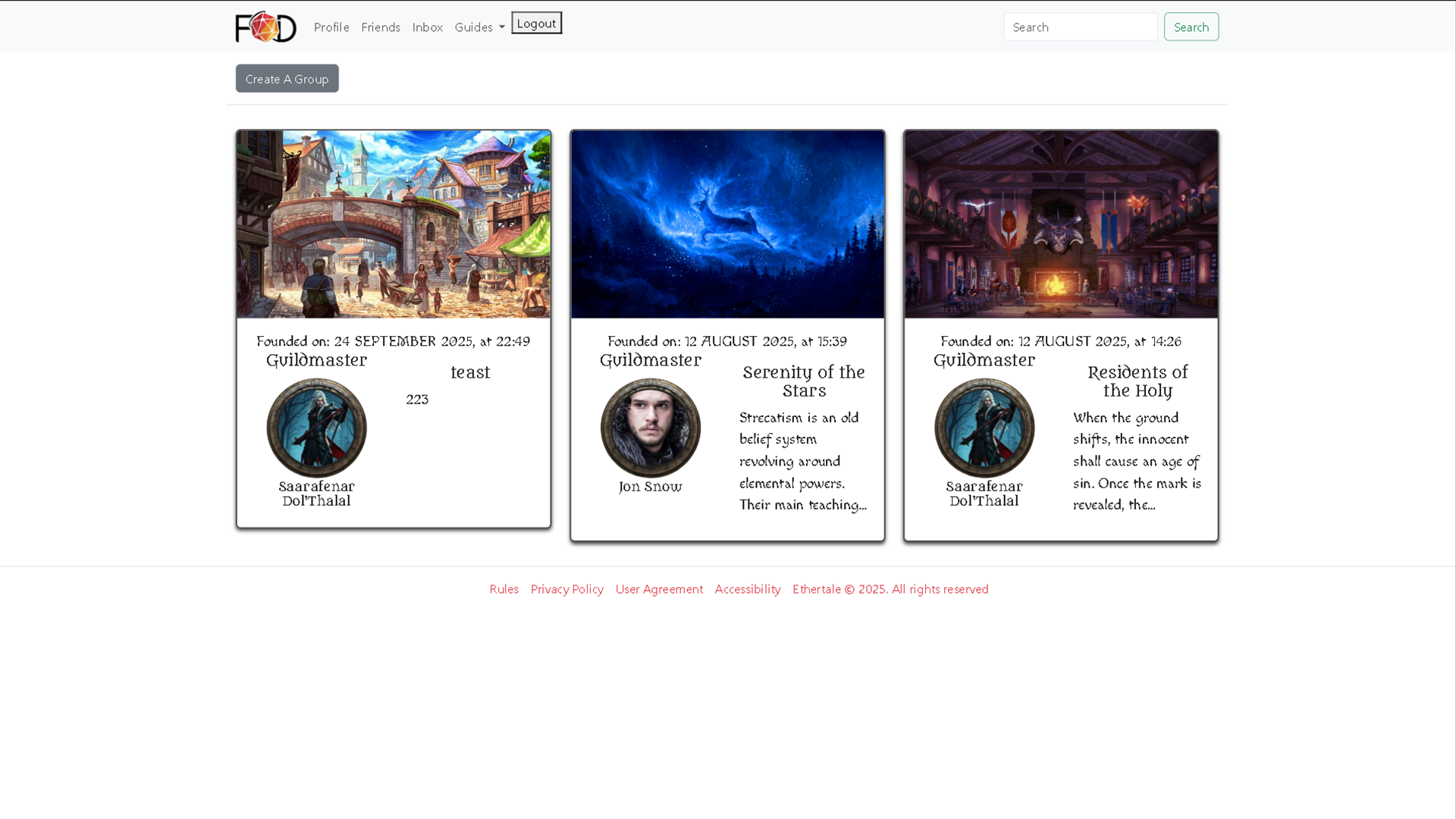 The groups page show all the created groups by the users and they can be interacted with. The user has the option to create a group themselves.
