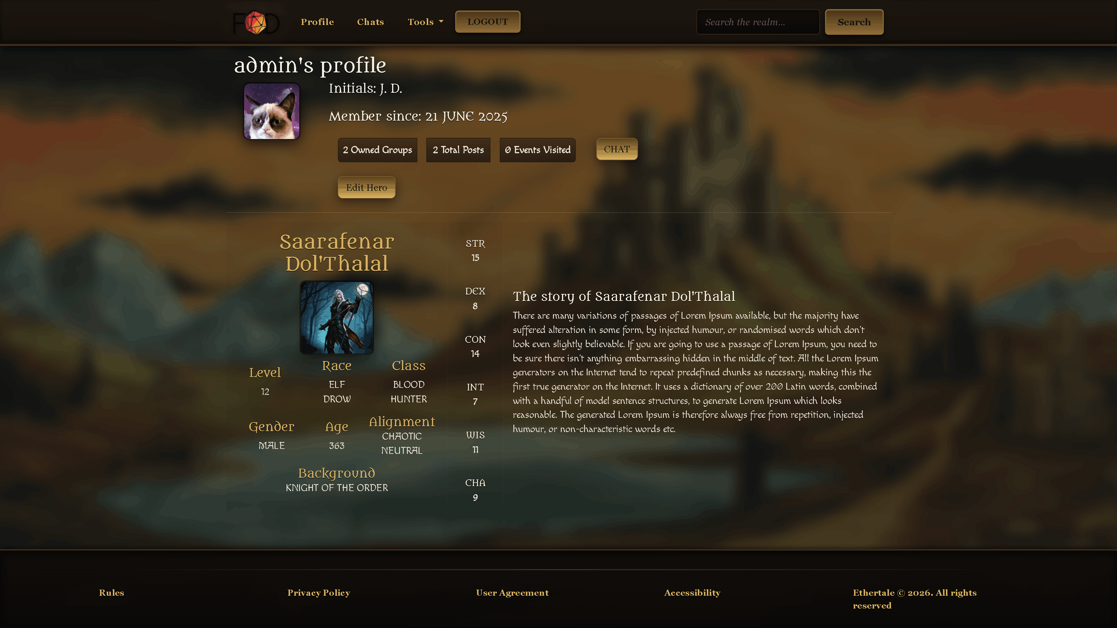 The profile showcases the users username, initials from their real name, their character with stats, picture and their background and profile-related information like friends, total posts created and number of events attended. Users can start a chat with another users through the CHAT button.