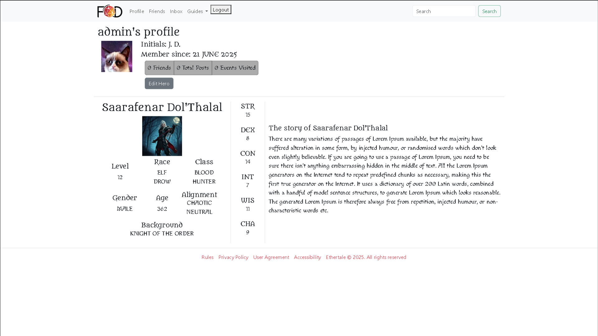 The profile showcases the users username, initials from their real name, their character with stats, picture and their background and profile-related information like friends, total posts created and number of events attended.