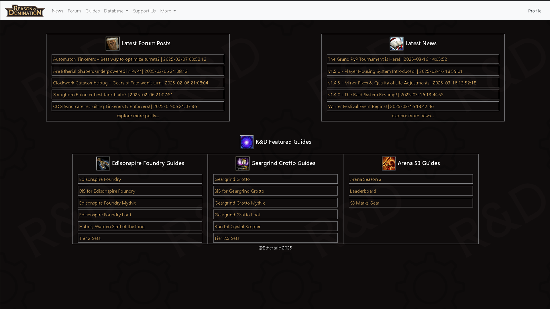 The home page, showcasing the last 5 of the most recent topics from each of the categories.